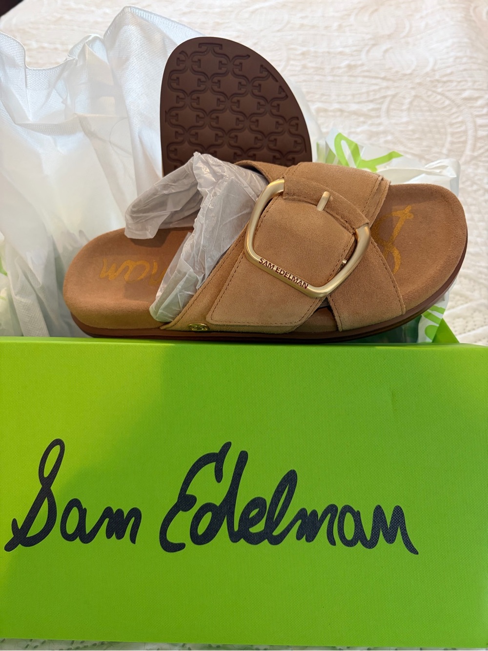 Sam Edelman Darla Tan Suede Slide with Gold Buckle NWT